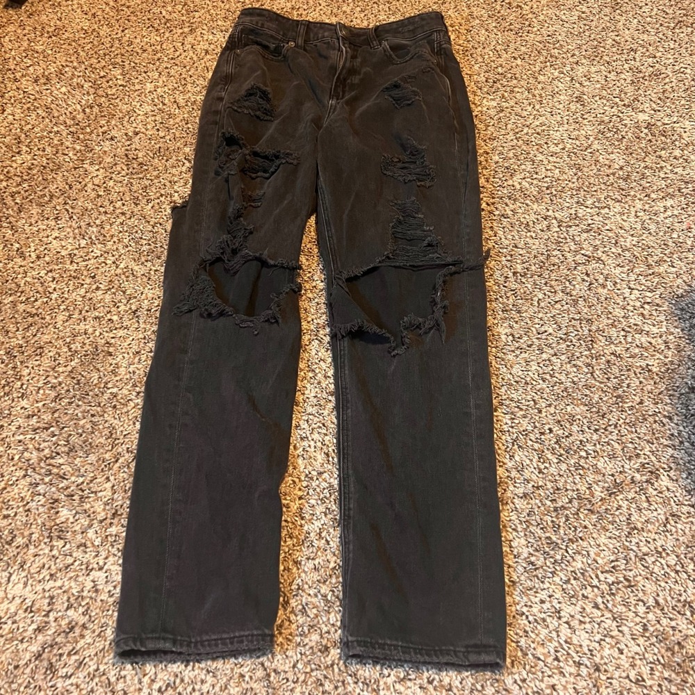American Eagle Womens Black Distressed Mom Jean Comfort Stretch Waistband Size 4
